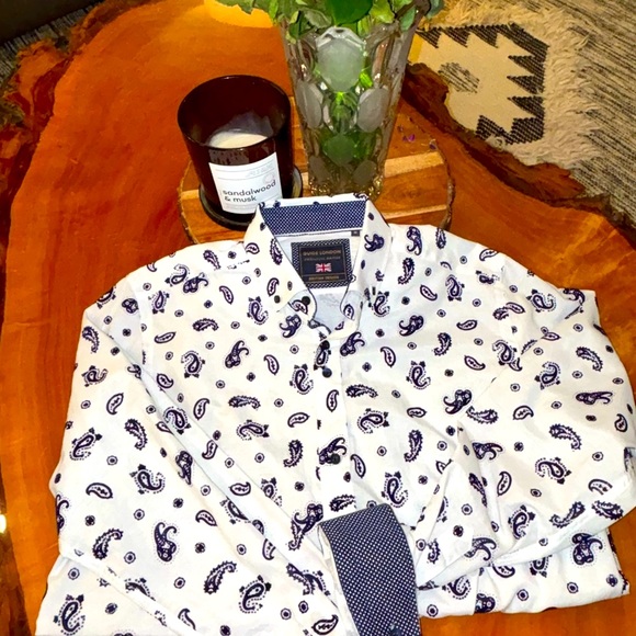 Guide London Premium Men’s Dress Shirt, White & Royal Blue Velvet Paisley SZ (M) - Picture 7 of 10